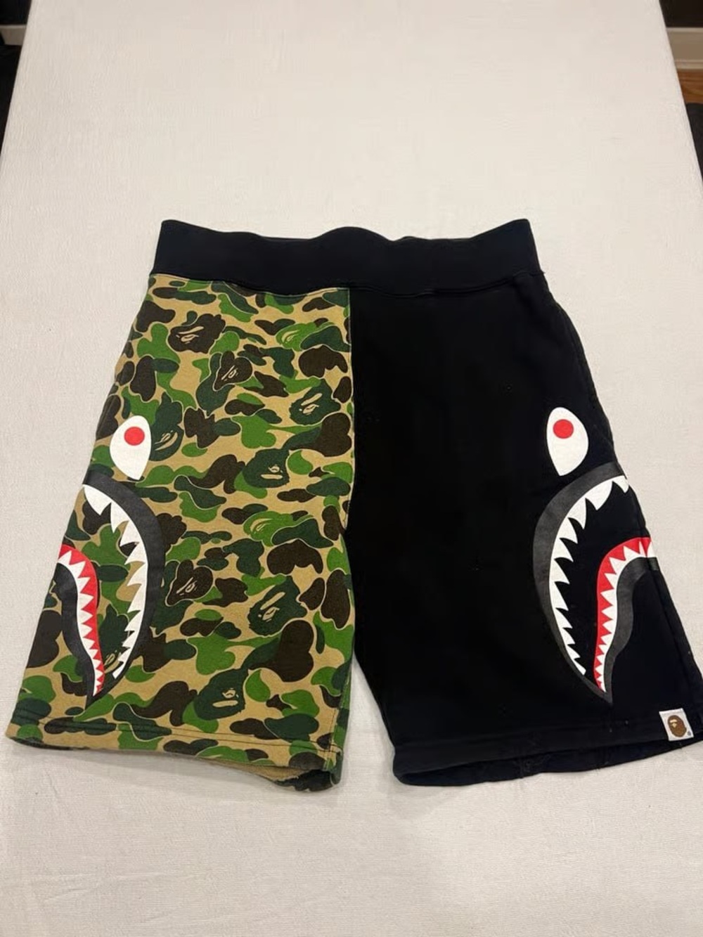 Bape Split Camo Shark Shorts in Green and Black
